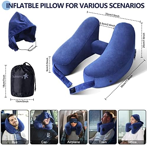 Neck Pillow Inflatable Travel Pillow Comfortably Supports The Head, Neck and Chin, with Hat, Portable Drawstring Bag, 3D Eye Mask and Earplugs (Blue)