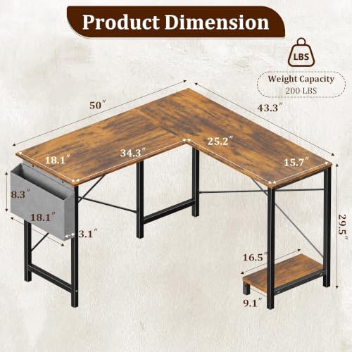 L Shaped Desk, 50 Inch Computer Desk Home Office Desk for Small Space Brown - 2