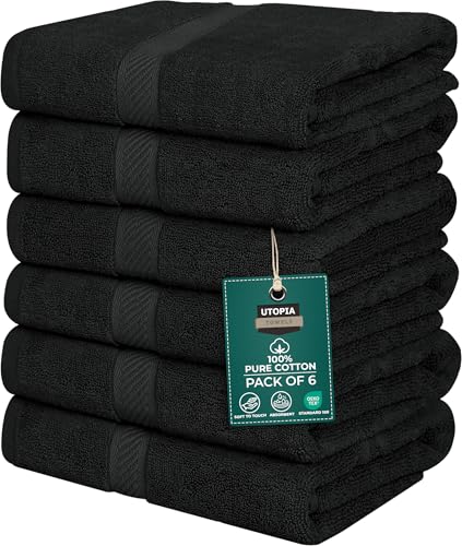 utopia towels 6 pack small bath towel set, 22 by 44 inches, 500 gsm 100% ring spun cotton, lightweight and highly absorbent quick drying premium towels for hotel, spa and bathroom, black
