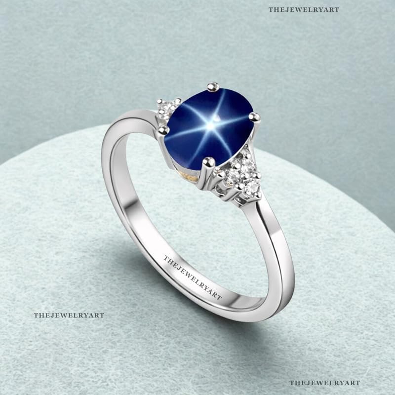 Natural Asterism Blue Star Sapphire Promise Ring Sterling Silver with Sparkling CZ Diamond Accents Fine Jewelry Ring for Engagement, Promise, or Special Occasions