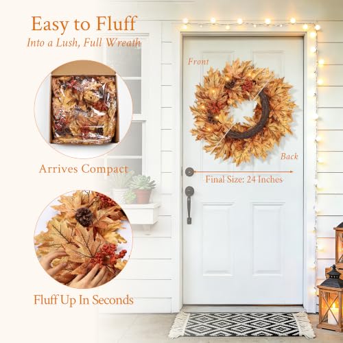 Image of 24in Pre-lit Fall Wreaths for Front Door with 20 Lights & Timer