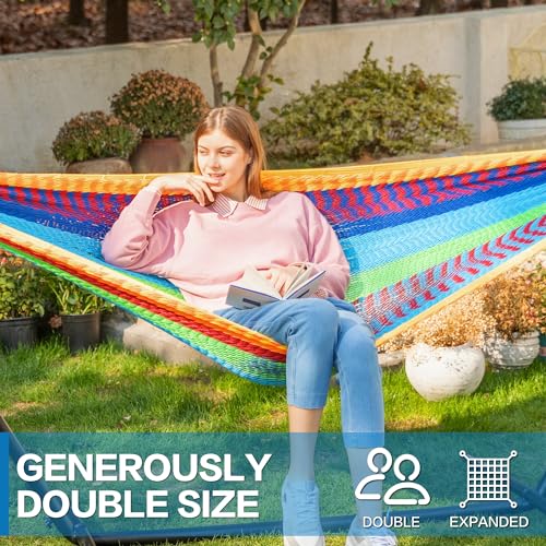 Image of PNAEUT Double Hammocks with Stand for Outside, Portable Space Saving Heavy-Duty Steel Stand for Indoor Outdoor Patio (Mayan Rainbow)