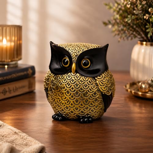 Image of Xtore Modern Classy Lucky Owl Resin Art Figure Showpiece (Pack of 1, Black and Golden)