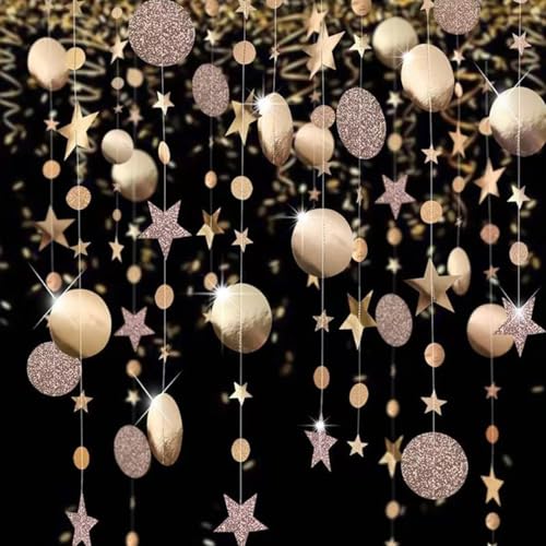 Champagne Gold Star & Circle HangingGarland, 65 Feet Glitter Star Dot StreamerBanner, Celestial Party Backdrop Decor forBirthday, Baby Shower, Wedding, Christmas, Ceiling Decorations & Graduation