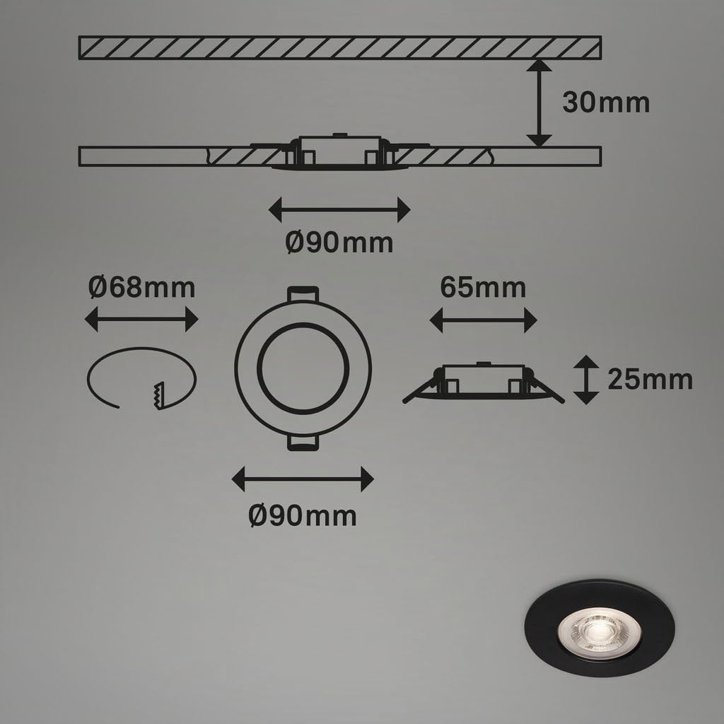 BRILONER - Jeu de 4 lampes encastrées plafond LED, lampes encastrées ultraplates, spots encastrés salle de bain, spots encastrés salle de bain IP44, noir mat, 90x25 mm (DxH)