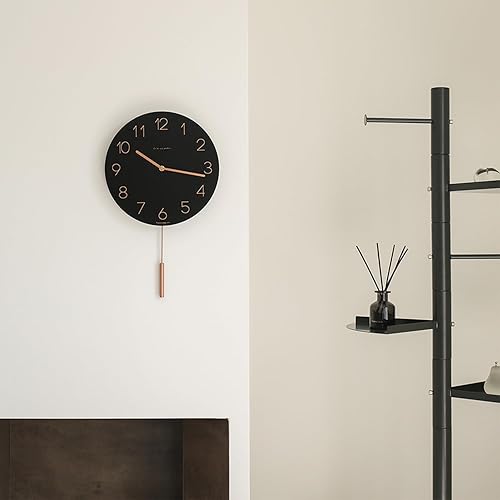 Miniatura 5 de mooas Flatwood - Reloj de pared de madera con péndulo negro, reloj de pared de madera de 12 pulgadas, movimiento de barrido, reloj decorativo a