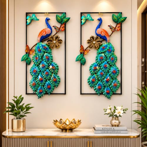 Image of SHREE 'O' GREEN TECH - Modern Multicolor Peacock Wall Decor with Vibrant Feather Artwork Floral Accents and Decorative Leaves for Living Room Bedroom Hallway Home Interior (Set of 2)