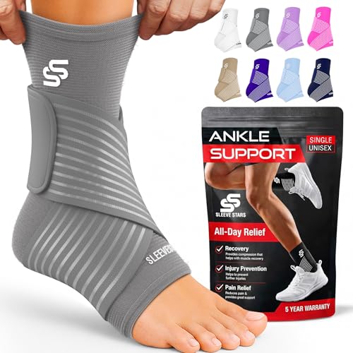 Sleeve Stars Ankle Brace for Women & Men, Ankle Wrap for Sprain, Compression Sleeve for Plantar Fasciitis Relief, Easy Customizable Support: w/ Removable Strap (Single/M:10'-12'/Grey)