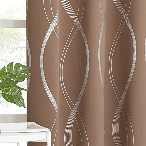 NICETOWN Blackout Short Curtains Panels for Bedroom, Microfiber Noise Reducing Thermal Insulated Wave Line Foil Print Design Blackout Curtains for Off