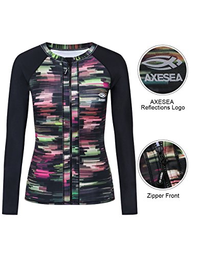AXESEA Women Long Sleeve Rashguard Fashion Printed Active Swim Shirt UPF 50+ Rash Guard Top, Red, US 8
