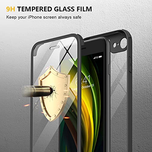 Image of Miracase for iPhone SE Phone Case 3rd /2nd Generation 2022 2020 Full-Body with Built-in Glass Screen Protector, Heavy Duty 360 Protective Shockproof Bumper Cover for iPhone 8 /SE 4.7 Inch, Black