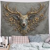 SMBHIAON Animal Relief Art Tapestry Gold Wall Tapestry For Bedroom Aesthetic Gilded Carved Deer Head Tapestries Wall Hanging For Dorm Living Room Decor 90L X 70W
