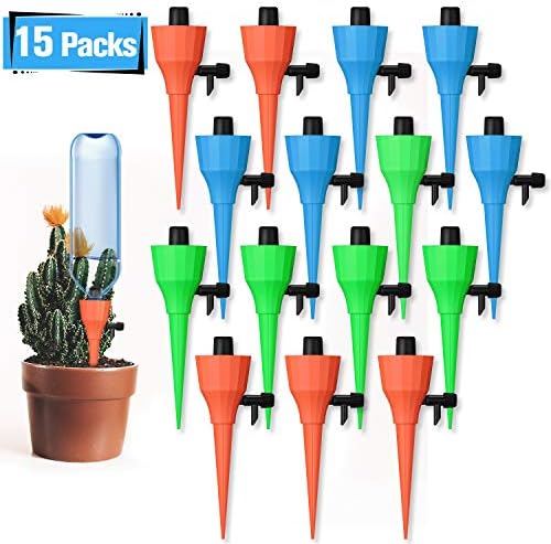 2019 Upgraded Plant Watering Spikes Self Watering Devices with Slow Release Control, 15 Pack/Set Automatic Plant Waterer Self Irrigation Drip Devices for Bottles for Plants Flower Vegetables