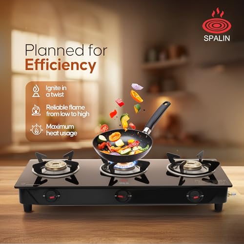 Image of 3 Burner Automatic Gas Stove | Black Crystal Glass Top | Auto Ignition | ISI Certified | High Efficiency Burners | Durable & Easy Clean | Modern Kitchen Gas Stove