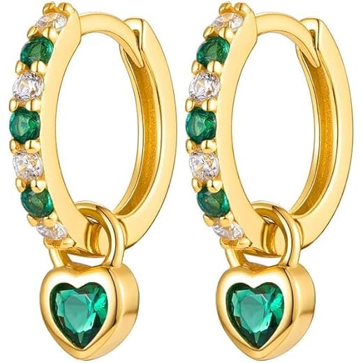 TOFBS Orecchini a Cerchio Piccoli In Oro Pendenti Cuore Orecchini a Goccia con Cubic Zirconia Piercing Anallergici Hoop Argento 925 Earrings per Donne Accessori Moda Verde