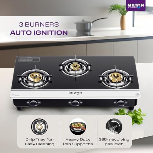 Image of Milton Ignis Pro 3 Burners Auto Ignition Gas Stove | ISI Certified | 6mm Toughened Glass Top | 360 Degree Nozzle | Heavy Pan Support | Pure Brass Burners | 1 Year Manufacturer's Warranty-Black & White