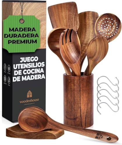 Utensilios de Cocina Madera [8 pzas] con Reposa Cucharas, Bote de y Ganchos para Colgar. 100% Natural Cucharas Madera. Espátulas y Cucharones de Cocina para Sartenes Antiadherentes.