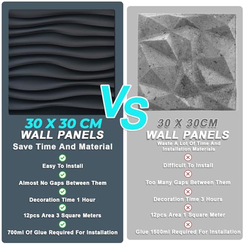 12 Stück 3D Wandpaneel, PVC Wüstentextur Wandpaneele, Backsplash, Wandverkleidung Innen zum Wanddeko Wandtattoos, für die Gaming Paneele Wand Innenwand Dekor in Schwarz Wanddekor Paneel 30 * 30cm (K)