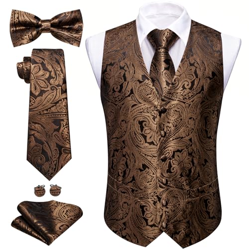 Image of Barry.Wang Men's Suit Vest Tie Bowtie Set Formal Silk Paisley Waistcoat Hanky Cufflinks Lapel Pin Set Wedding Party 7PCS