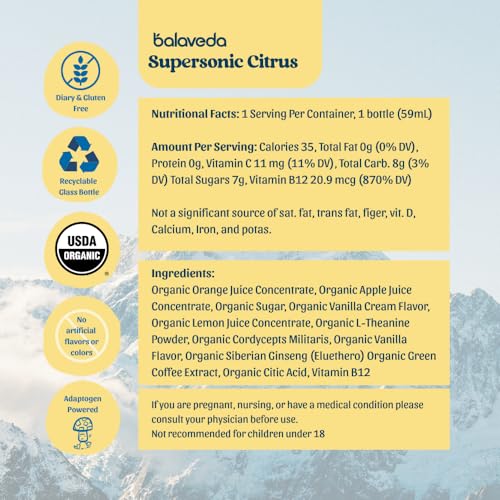 Image of balaveda Supersonic Citrus Organic Energy Shot, Orange Vanilla, 12 Pack | 180mg Clean Caffeine, Cordyceps, L-Theanine, Eleuthero, Vitamin B12, USDA Organic, 2oz Glass Bottles,