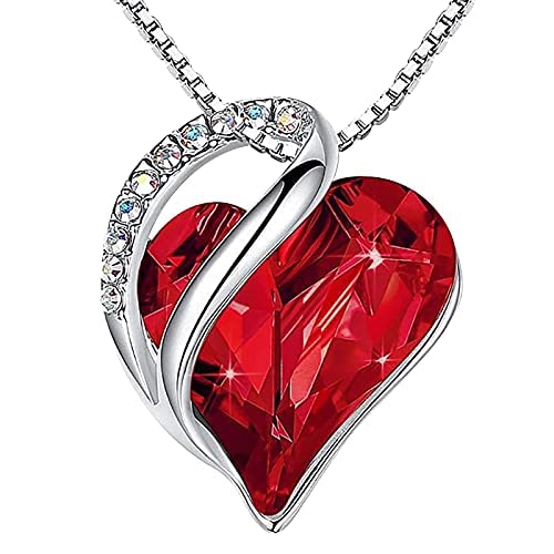 Women’s Silver Plated Infinity Love Heart Pendant Necklace with Birthstone Crystals, Jewelry Gifts for Her, 18 + 2 inch Chain, Anniversary Birthday Mother's Necklaces for Wife Mom Girlfriend (Ruby Red)