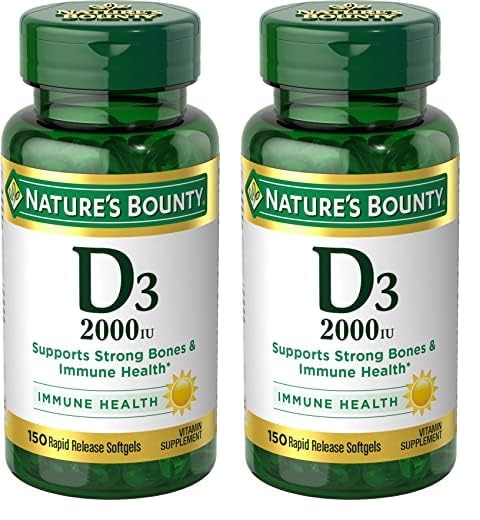 Nature's Bounty Vitamin D, Supports Immune Health & Bone Health, 2000IU Vitamin D3, 150 Softgels,150 Count (Pack of 2)