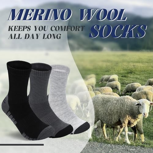 Merino Wool Mens Socks Hiking, Crew Socks for Men Cushioned Arch Support Running Athletic 9-143