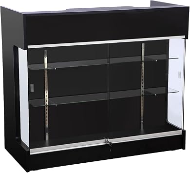 Ledge Top Counter with Showcase, 4ft Tempered Glass Display Case with Locking Front, Sliding Doors, Drawers & Shelves Retail Store Counter Cabinet Black