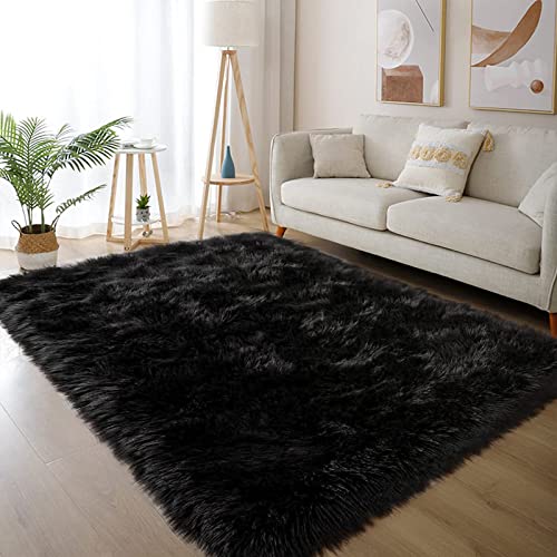 Latepis Black Rug for Living Room Faux Fur 5x6.7 Fluffy Rug Washable Sheepskin Rugs for Bedroom Bedside Dorm Luxury Home Décor, Rectangle