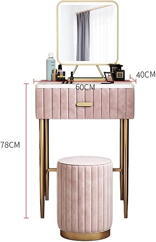 Miniatura 2 de VIORED Juego de tocador para dormitorio, escritorio de maquillaje pequeño, juego de estante de almacenamiento de mármol con luz LED, espejo cuadrado