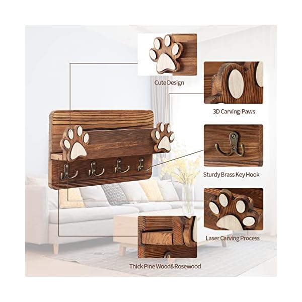 Hirusticate-Wood-Dog-Leash-Holder-for-Wall-with-4-Brass-Hooks-for-Dog-Collar-Pet-Treats-as-Key-and-Mail-Holder-for-Wall-Dog-Poop-Bag-Holder-Coat-Rack-Wall-MountBrown Stylish Hirusticate Wood Dog Leash Holder with Brass Hooks | Pet Organization