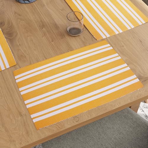 Image of Encasa XO Dining Table Mats Set of 6, 46x32 cm | Handmade Franca Yellow Stripes Ribbed Cotton Table Mat | Heat-Resistance Table Placemats, Non-Slip, Washable & Durable Place mat for Dining Table