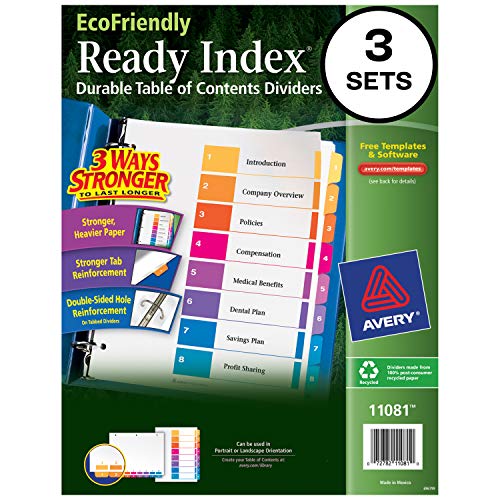Avery Eco-Friendly 8 Tab Dividers for 3 Ring Binders, Customizable Table of Contents, 3 Sets (11081),Multi-color