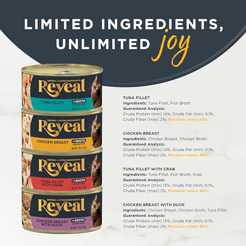 Image of Reveal Fish and Chicken Variety Pack Wet Cat Food in Broth, 12-Pack, 4-Flavor, Protein, Limited Ingredient, Grain Free, Canned Cat Food, No Fillers, No By-Products (12 x 2.47 oz Cans)