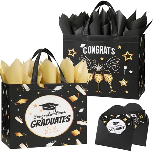 STYPOP 2 Pack 13 Large Graduation Gift Bags with Tissue Paper Reusable Non-Woven Grad Bags with Handles Best Graduation Gifts Class of 2026 College/High School / 8th Grade 12.8*10.2*6.3