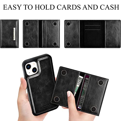 Image of PULOKA Wallet Back Case - Compatible with iPhone 14 Plus - Vegan Leather Phone Cover - Detachable Card Holder Case with Kickstand - Shockproof, Anti Scratch & Raised Edges for Protection - Black