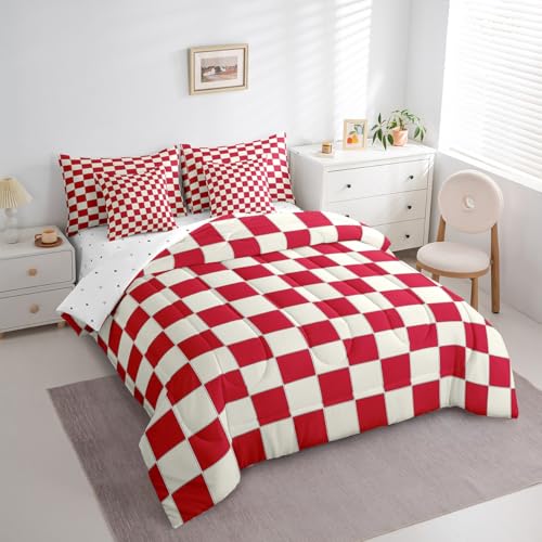 Image of Erosebridal Plaid Queen Comforter Set 7 Piece Beige Red Checkerboard Bed in A Bag with Sheets Geometric Checkered Bedding Set for Kids Boys Girls,Aesthetic Grid Bed Set