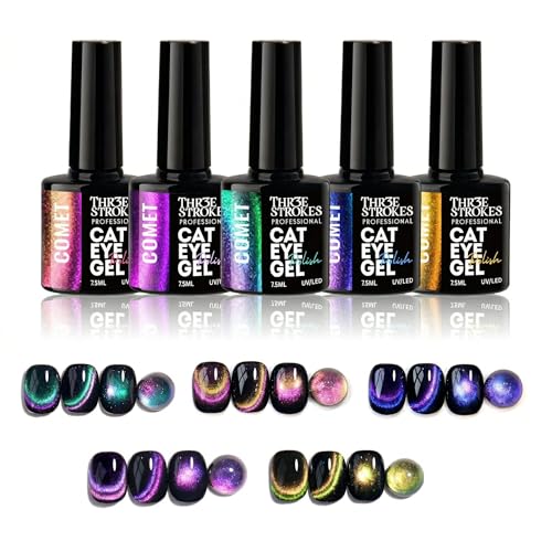 Image of THR3E STROKES Cat Eye Gel Nail Polish Set for Pink Brown Glitter Holographic Cat Eye, Salon Gel Manicure and Nail Art DIY at Home, Bright Moonlight (COMET)