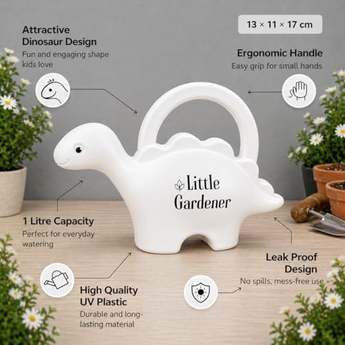 Image of Dinosaur Watering Can for Kids | 1 Litre | Plastic Dinosaur with Moving Eyes | Leak Proof, Lightweight, Easy Grip Watering Can | Kids Return Gifts | 10 Inches (Little Gardener White)