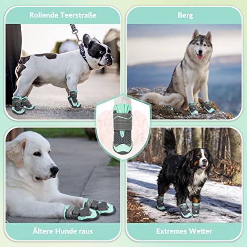 Eyein Hundeschuhe Pfotenschutz, 2 Stück atmungsaktiv Hundeschuhe mit Rutschfester Sohle und reflektierendem Klettverschluss für kleine, mittlere und große Hunde, Sport im Freien, Grün, Größe 4