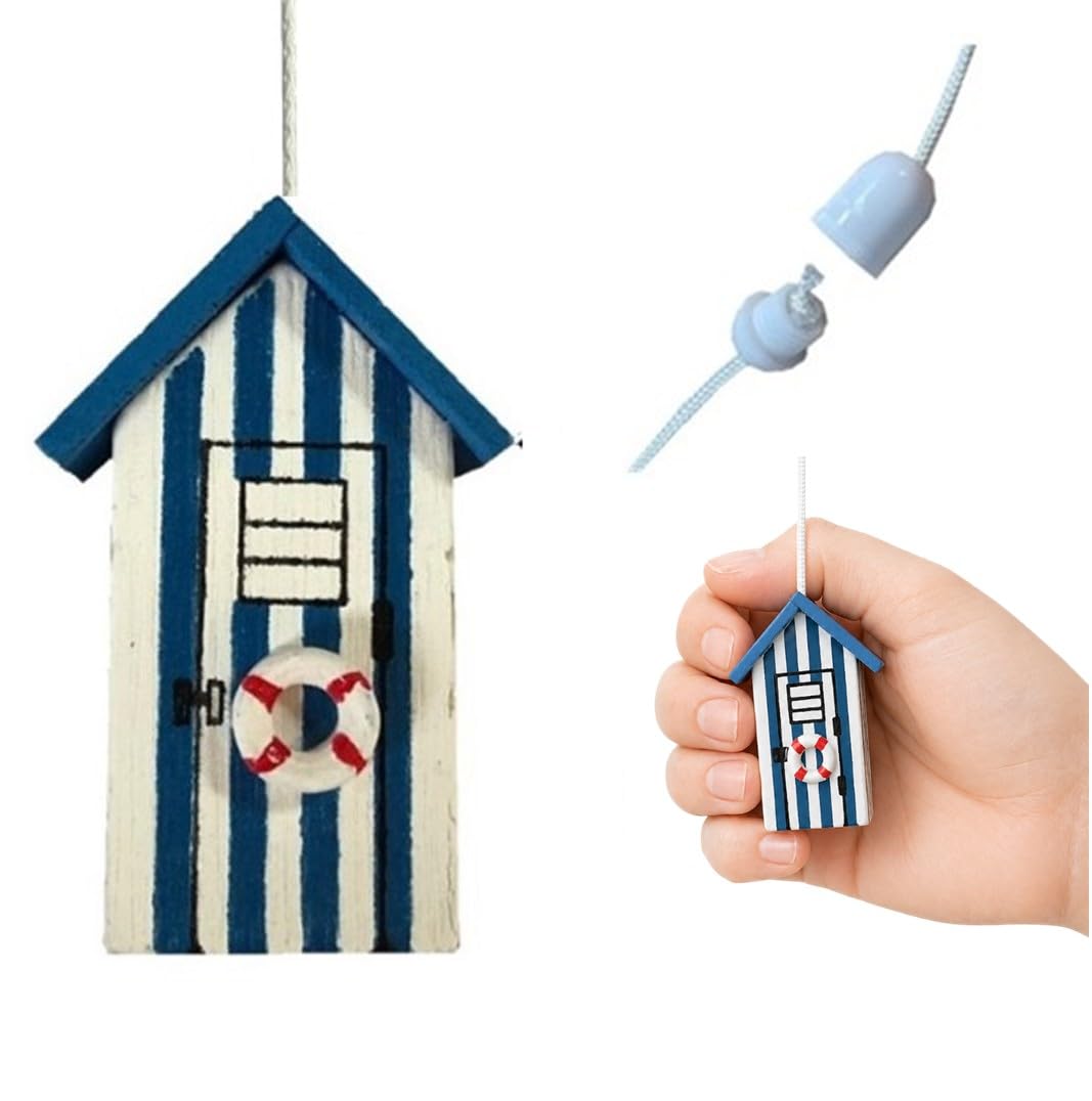 Lowgy Wooden Beach Hut Light Pull with Choice of Cord Colour & Connector - Nautical Bathroom Pull Cord/Hanging Decoration (Blue & White)