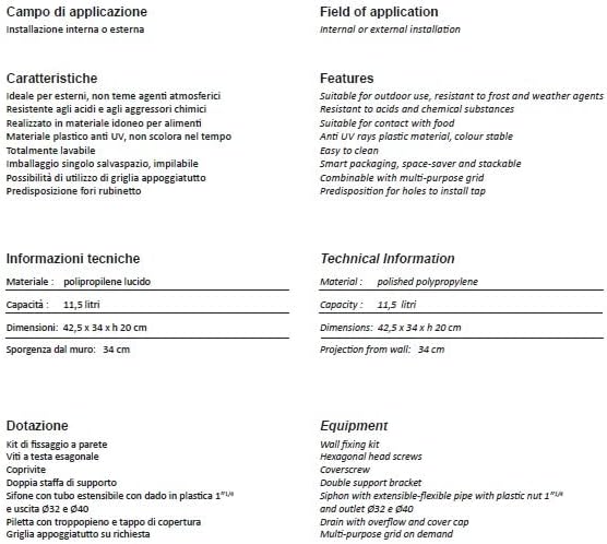 Technical information table for the Negrari utility sink, detailing material, capacity, dimensions, and equipment.
