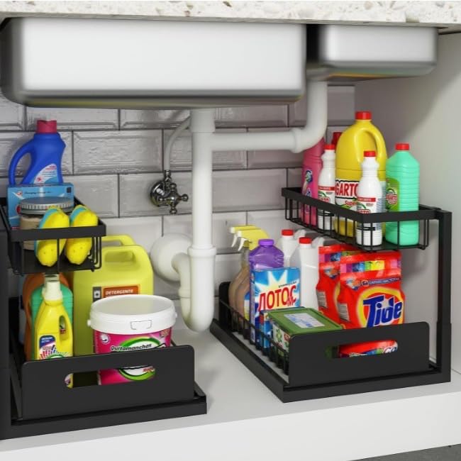 INNOVATIVE LIFE Under Sink Organizer, 2 Pack 2 Tier Under Sink Organizers and Storage, Slide Out Pull Out Cabinet Organizer Shelf, Metal Sliding