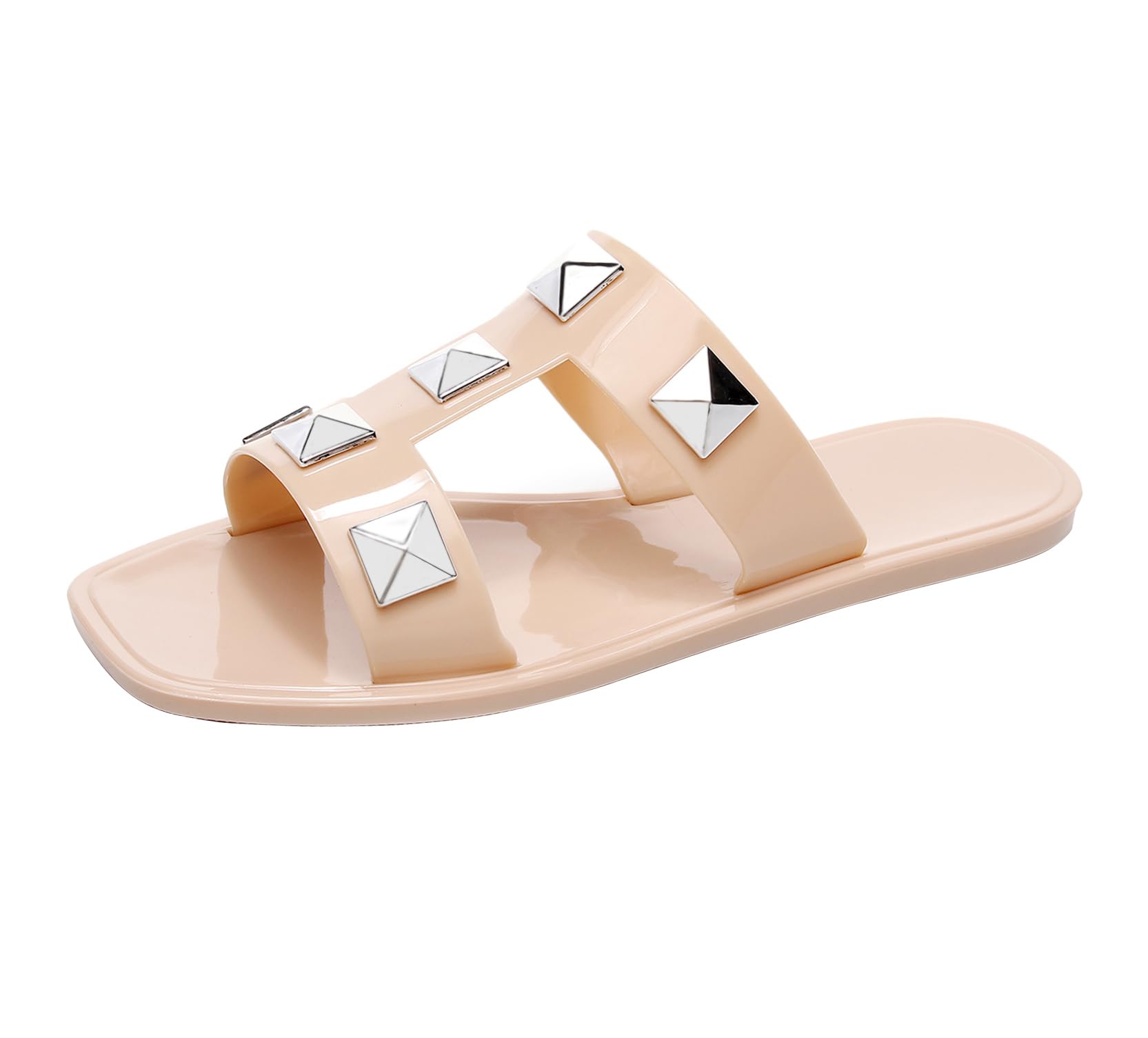 Women Flats Sandals, Studded Jelly Shoes Size 9 Red Dressy Summer Beach Rivets Strappy Jellies Slide Slip On Open Toes