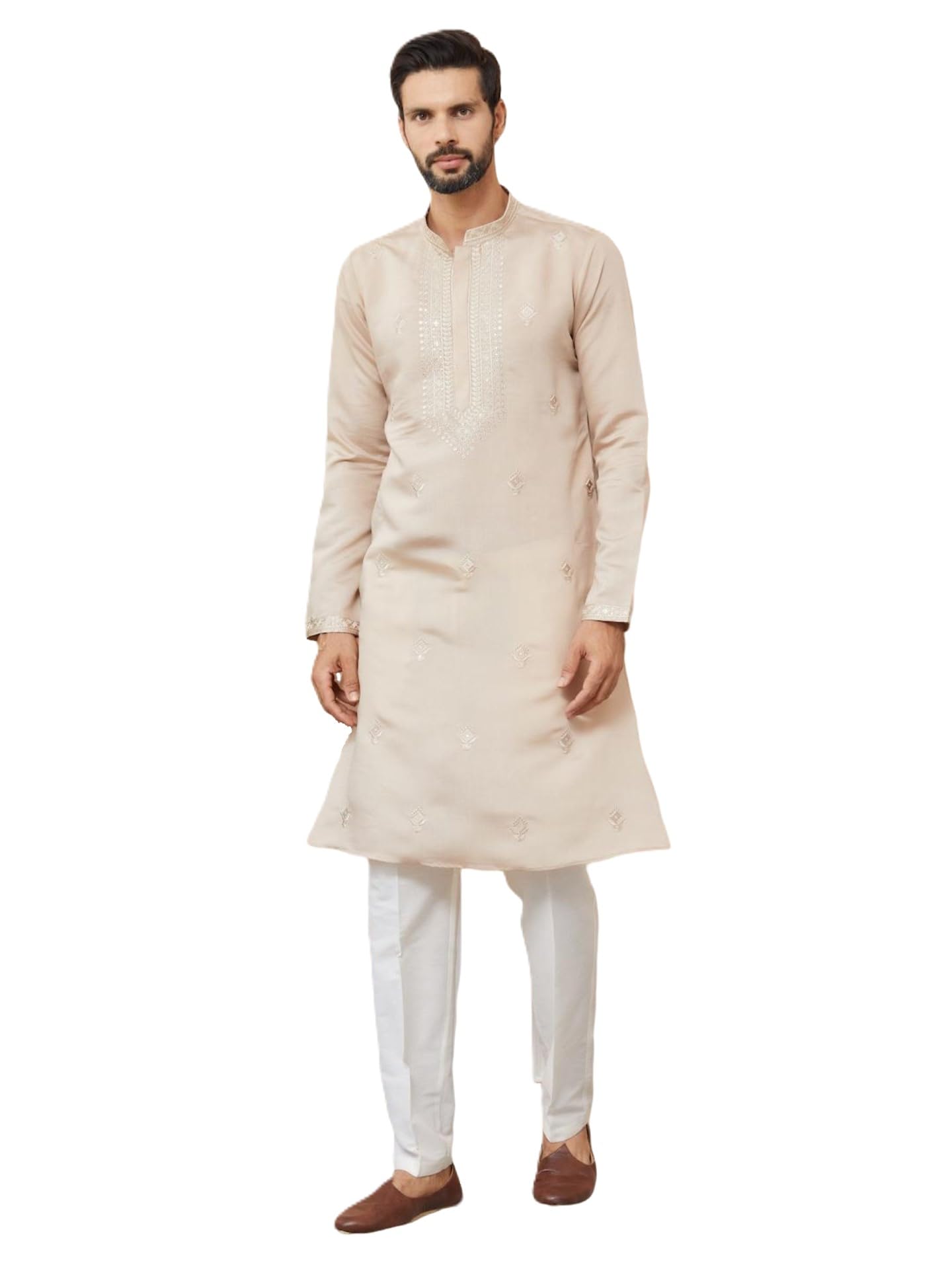 Men's Long Sleeve Mandarin Collar Side Slit Off-White Embroidered Chanderi Silk Straight Kurta-image-42