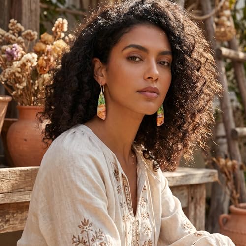 LumaBria Boho Natural Stone Dangle Earrings for Women, Lightweight Statement Drop Earrings, Handmade Gemstone Earrings for Daily Wear, Parties and Gif (Green Yellow Mix) — view 2