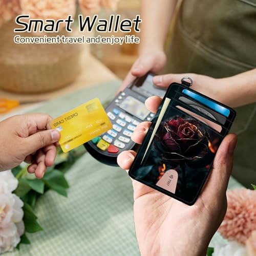 Image of Small Travel Wallets, Burning Rose Slim Minimalist Front Pocket Wallet with Wristlet, RFID Blocking PU Leather Credit Card Holder with ID Window Change Purse for Men Women