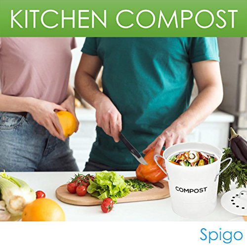 Indoor Kitchen Compost Bin By Spigo, Great For Food Scraps, Includes Charcoal Filter For Odor Absorbing, Removable Clean Plastic Bucket, Handles, Durable Stainless Retro Design, 1 Gallon, White #TOP1