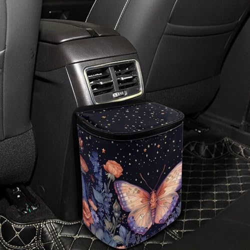Image of Talayituse Butterfly Rose Flower Print Car Trash Can with Adjustable Straps, Car Trash Bag Bin Car Garbage Bag Multipurpose Storage Box for Vehicle Travel Camping Picnicing
