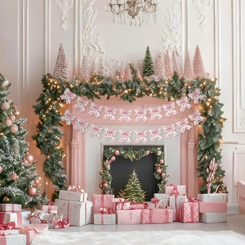 Image of Oudain 2 Pack Pink Bow Christmas Garland Banner Pink Coquette Christmas Bow Hanging Bunting Banner Flags for Xmas Birthday Bridal Shower Wedding Engagement Bachelorette Girl Baby Shower Supplies